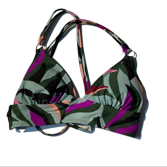 Hula Honey Hyper Tropics Green Fuchsia Blue Plunge Strappy Bikini Top Sz XS NWT - Picture 2 of 8